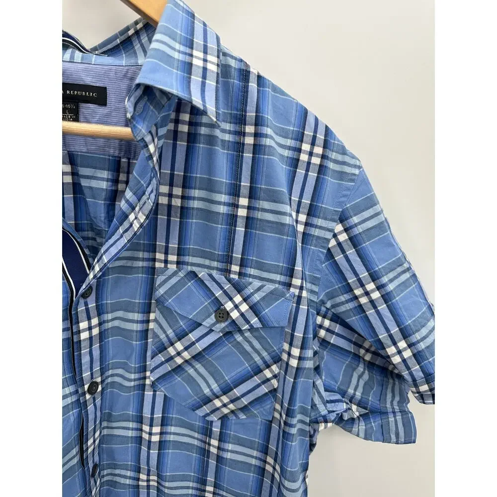 Banana Republic Blue White‎ Short Sleeve Button Down Shirt Men's Size Large L